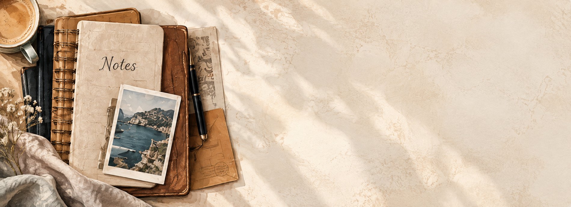A stack of personal notebooks and a travel photograph