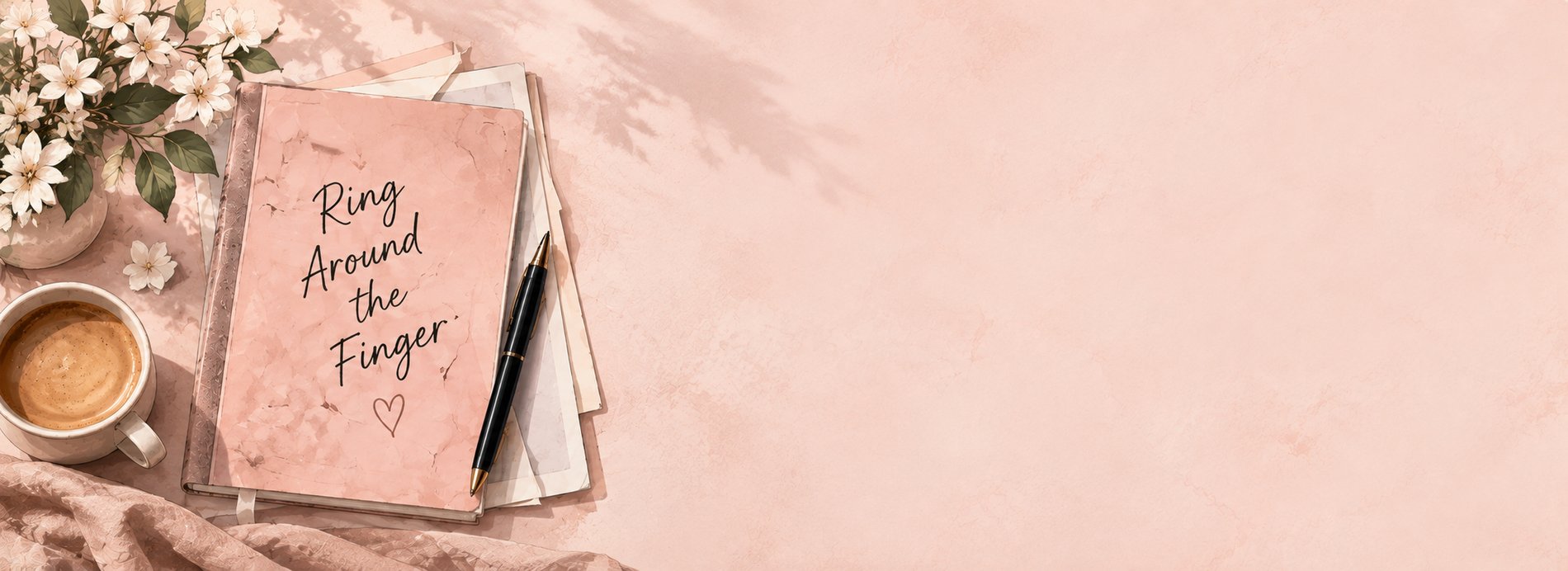 A notebook titled Ring Around the Finger, with flowers and coffee