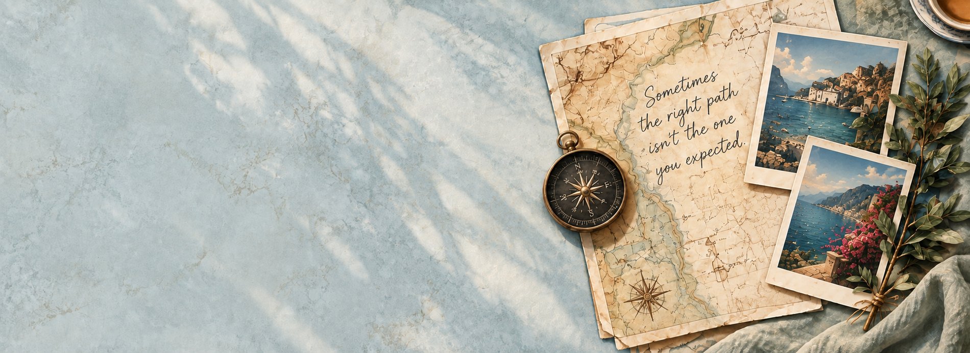 A hand-drawn map, compass, and travel postcards