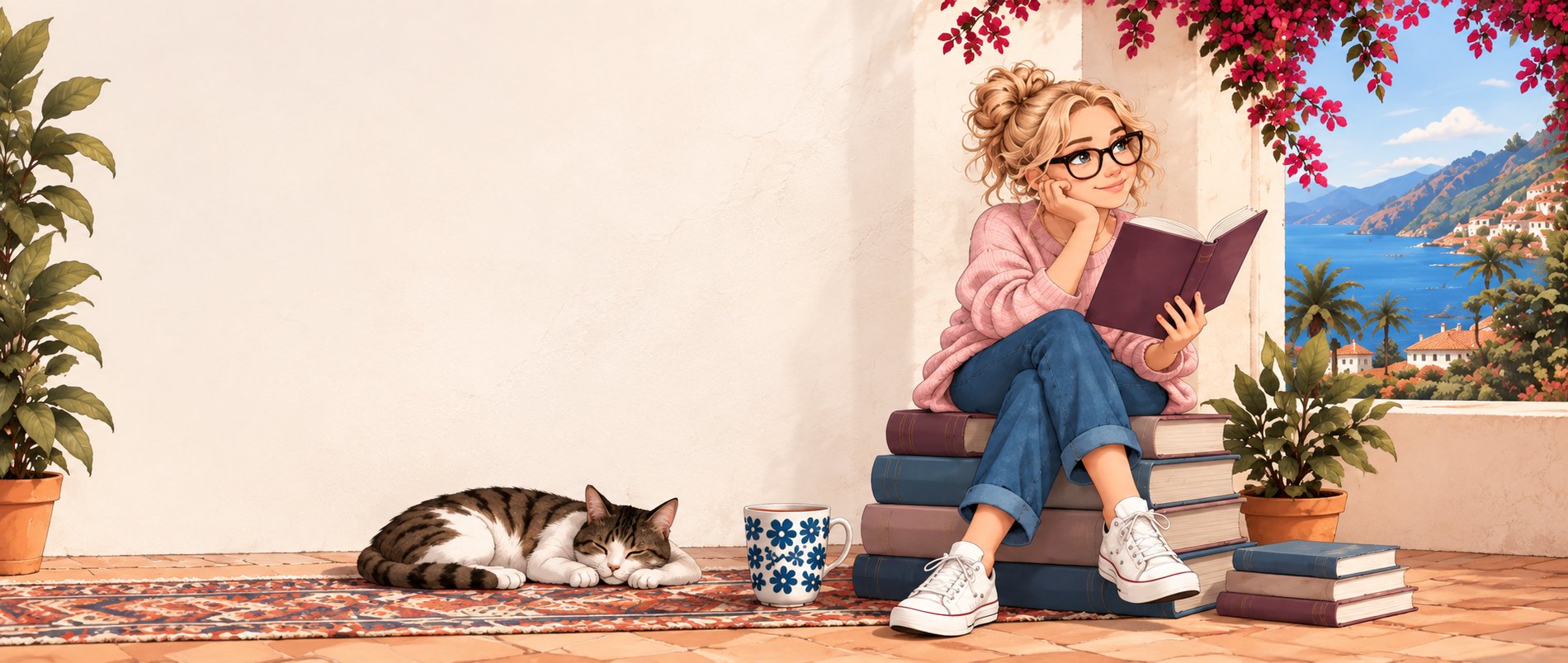 Rachelle Taylor reading on a stack of books, with her cat, overlooking the coast