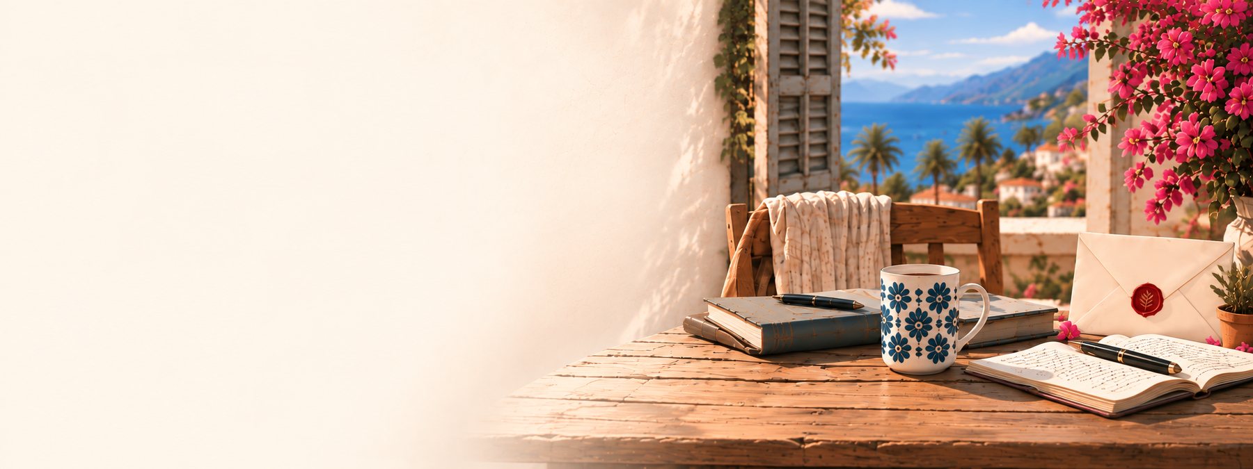 A writer's table with coffee, notebooks, and a sealed letter, overlooking the coast